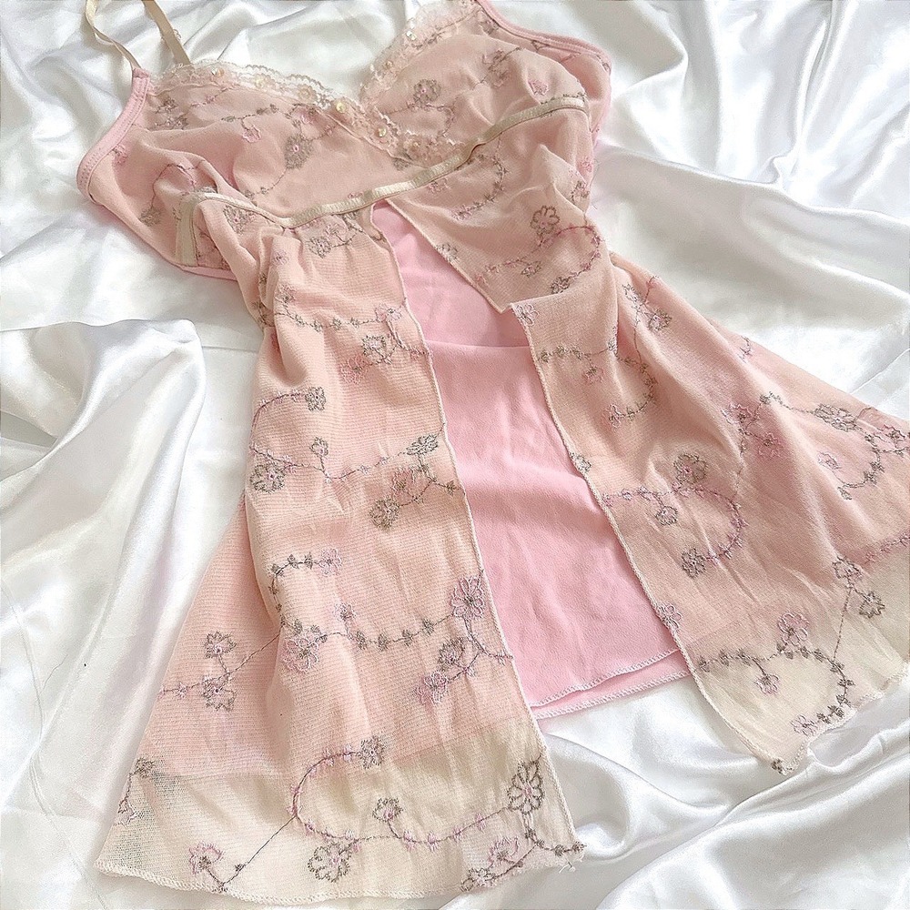 Amisu Pink Floral Embroidered Mesh Camisole Sequin Lace Trim Y2K Top Small